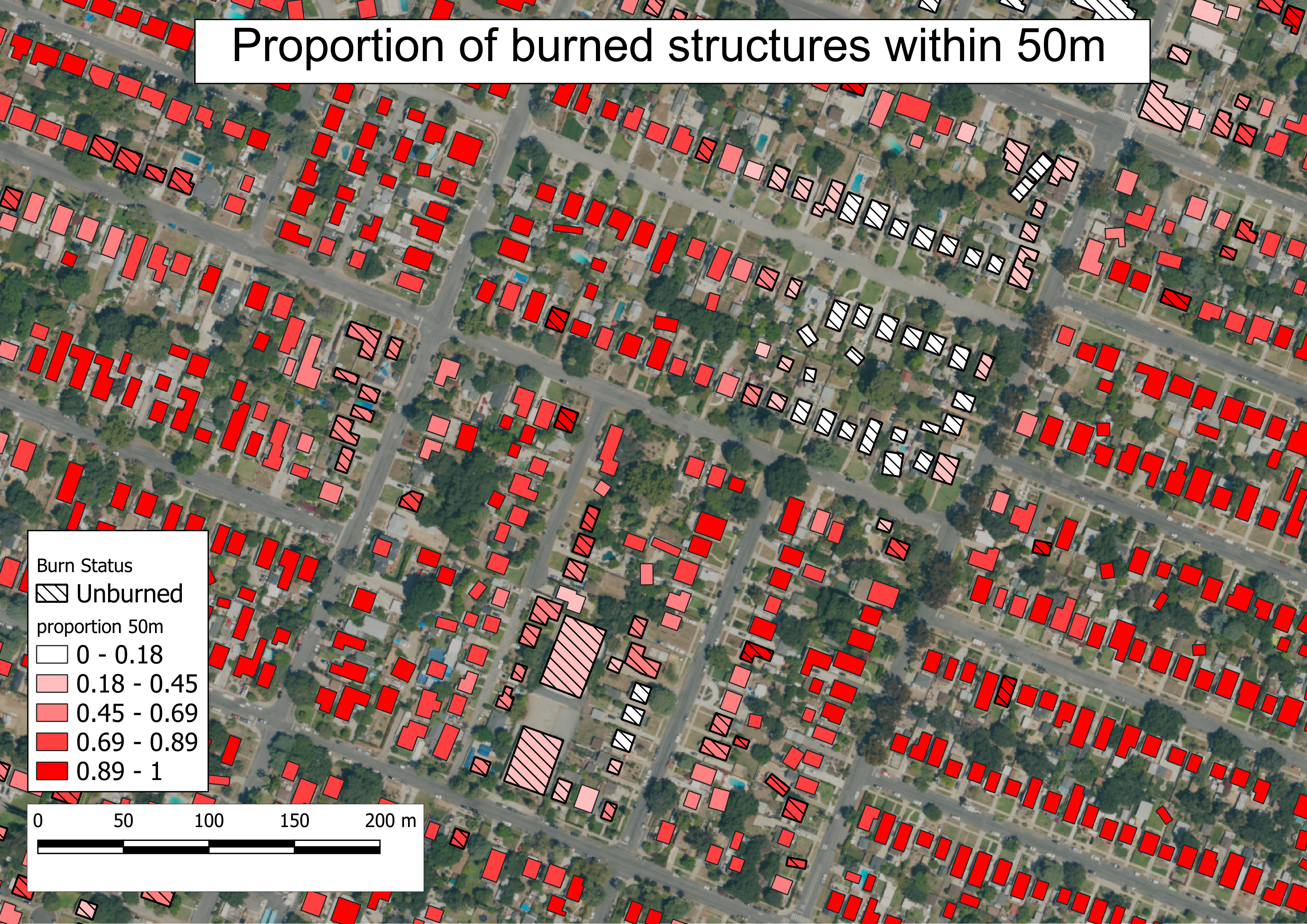 ratio of structures within 50m that burned map